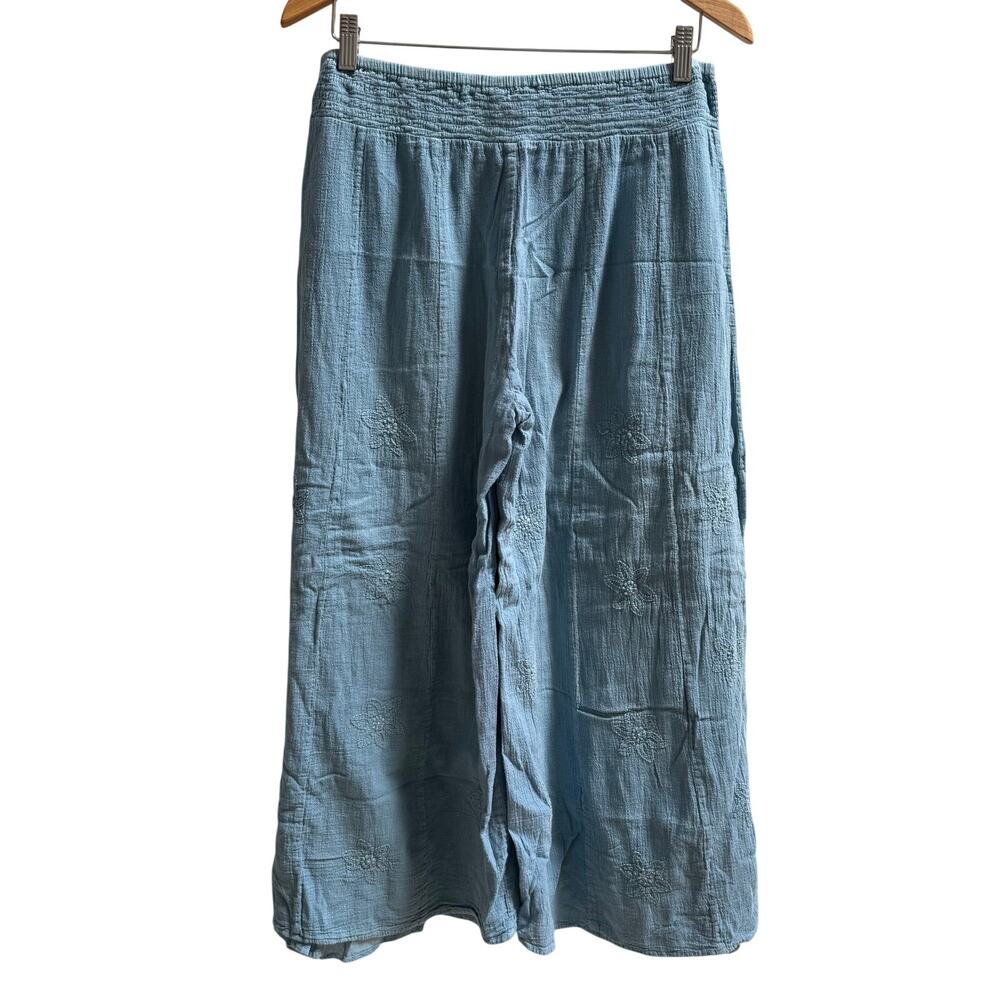 Boho Hippy Wide Leg Ankle Pants SZ S Gauze Embroidered Blue Cotton Stretch Waist - Picture 2 of 7